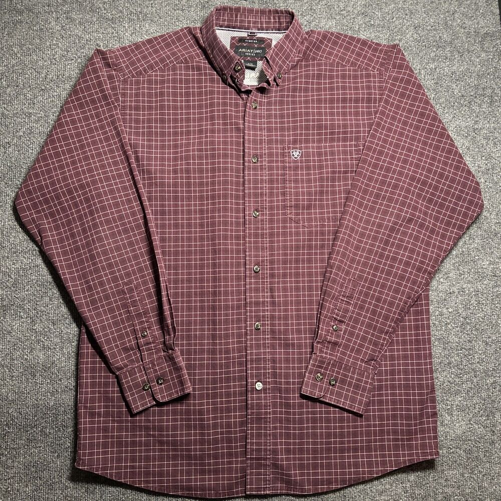 Ariat Pro Series Button Down Shirt Mens Size M Vented Long Sleeve Maroon Plaid